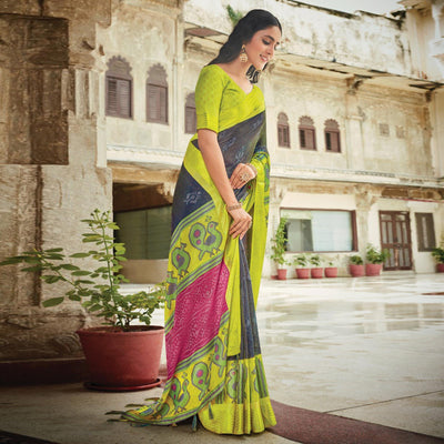 Grey-Green Festive Wear Printed Brasso Saree