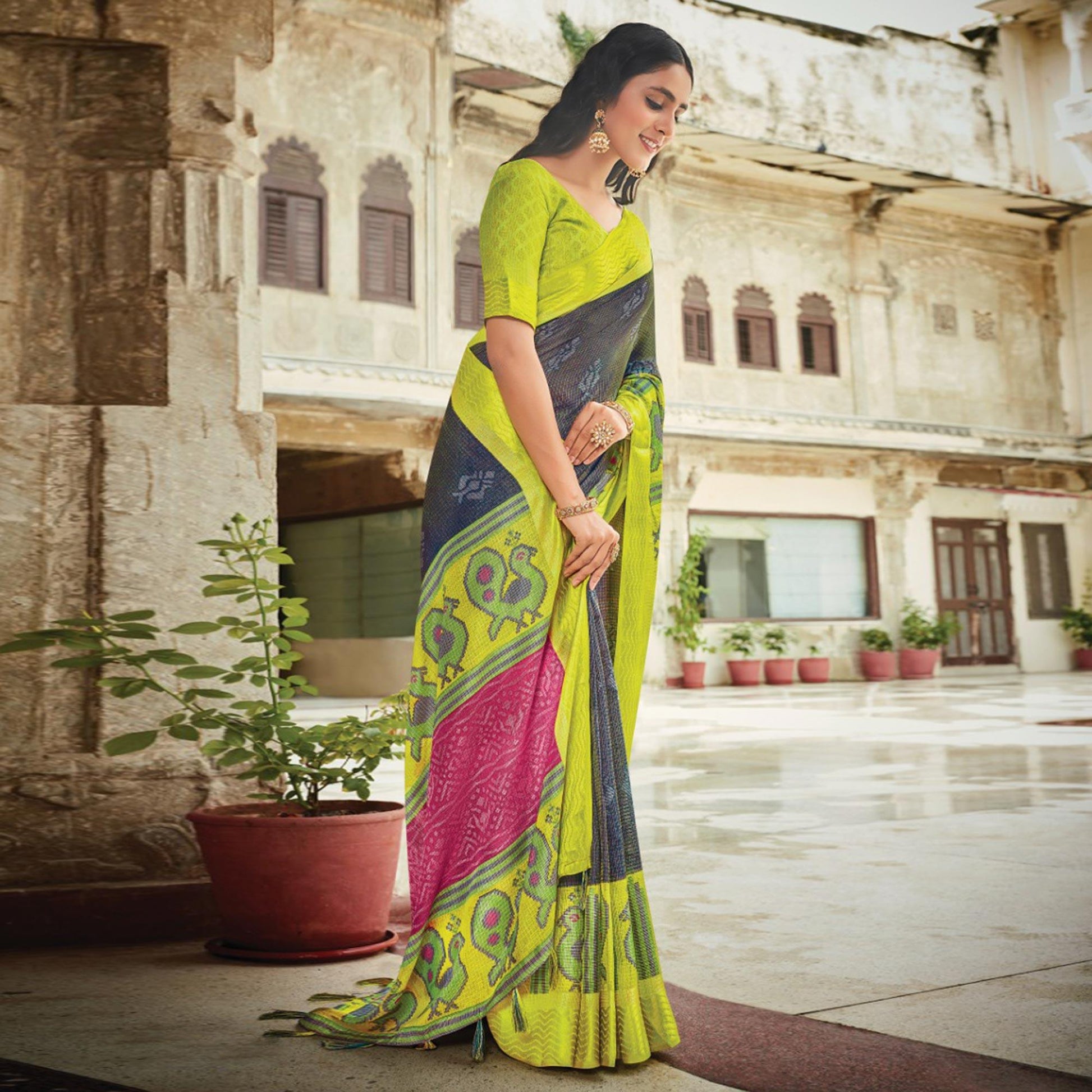 Grey-Green Festive Wear Printed Brasso Saree