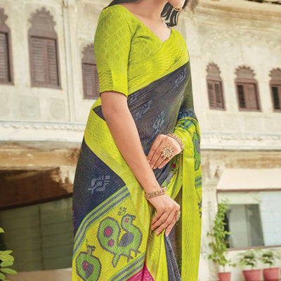 Grey-Green Festive Wear Printed Brasso Saree