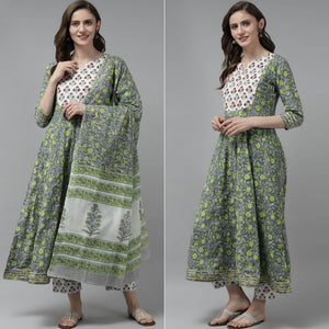 Grey-Green Floral Printed Pure Cotton Anarkali Suit