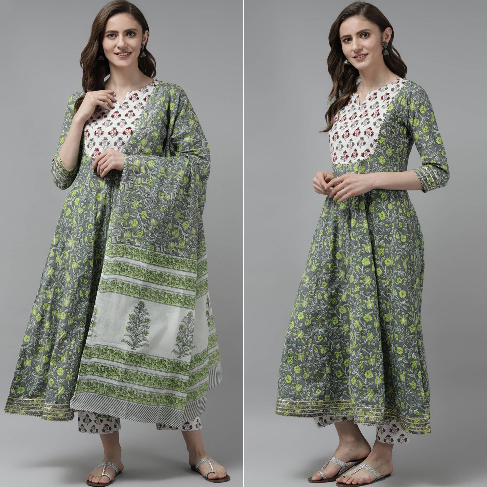 Grey-Green Floral Printed Pure Cotton Anarkali Suit