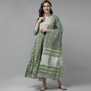 Grey-Green Floral Printed Pure Cotton Anarkali Suit