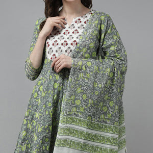 Grey-Green Floral Printed Pure Cotton Anarkali Suit