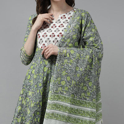 Grey-Green Floral Printed Pure Cotton Anarkali Suit