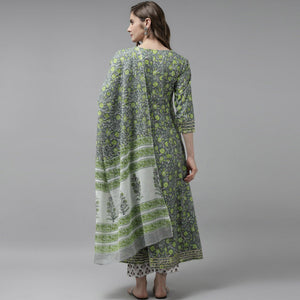 Grey-Green Floral Printed Pure Cotton Anarkali Suit