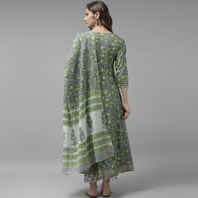 Grey-Green Floral Printed Pure Cotton Anarkali Suit
