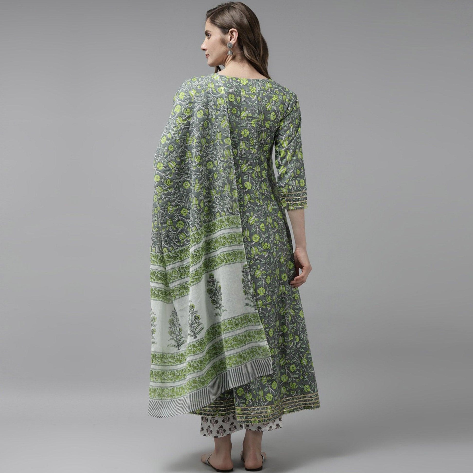 Grey-Green Floral Printed Pure Cotton Anarkali Suit