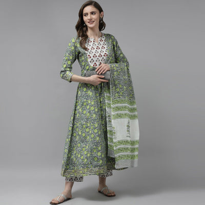 Grey-Green Floral Printed Pure Cotton Anarkali Suit