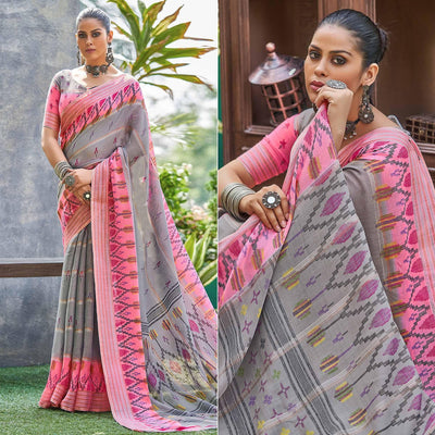 grey-ikkat-printed-linen-saree