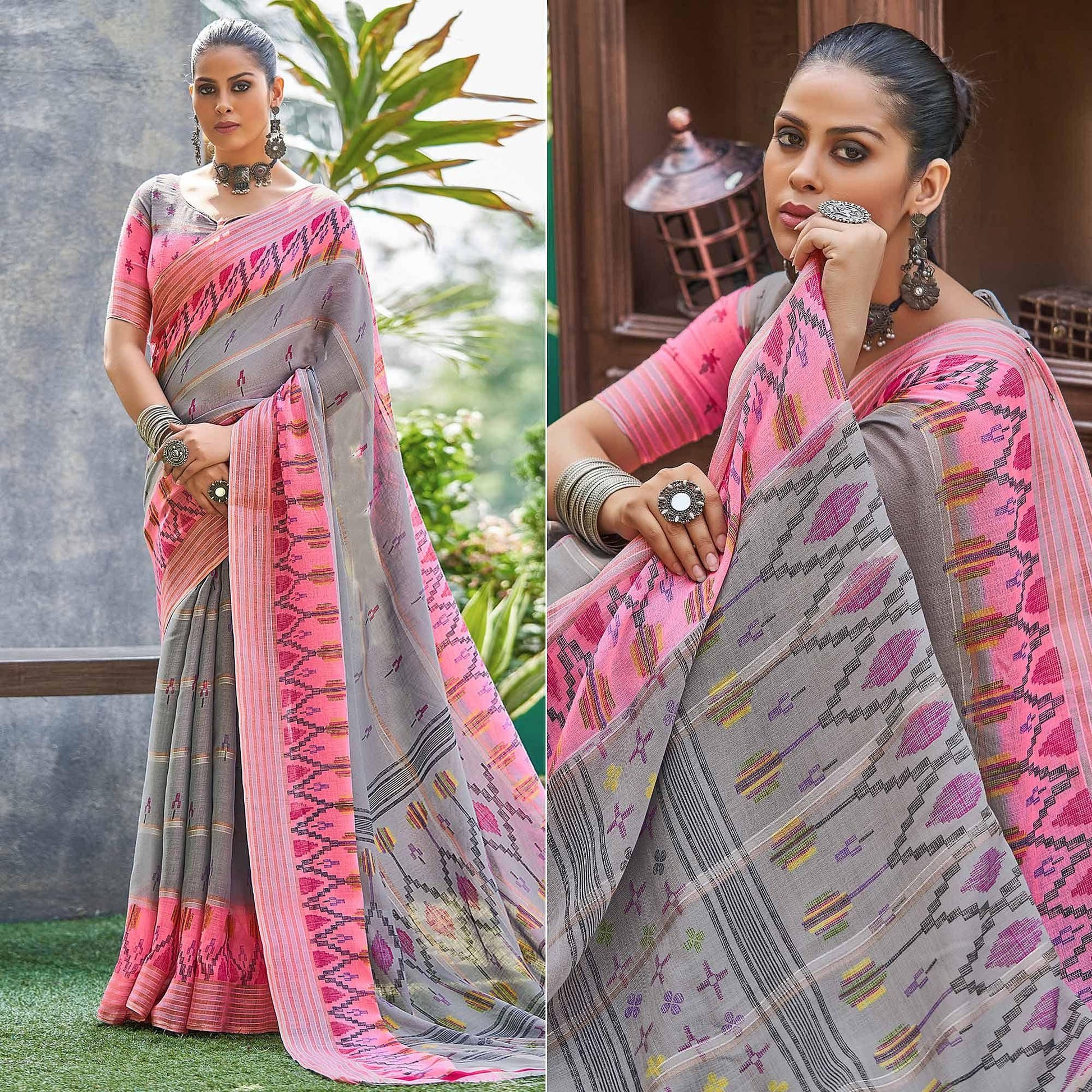 grey-ikkat-printed-linen-saree