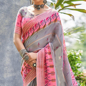 grey-ikkat-printed-linen-saree