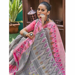grey-ikkat-printed-linen-saree
