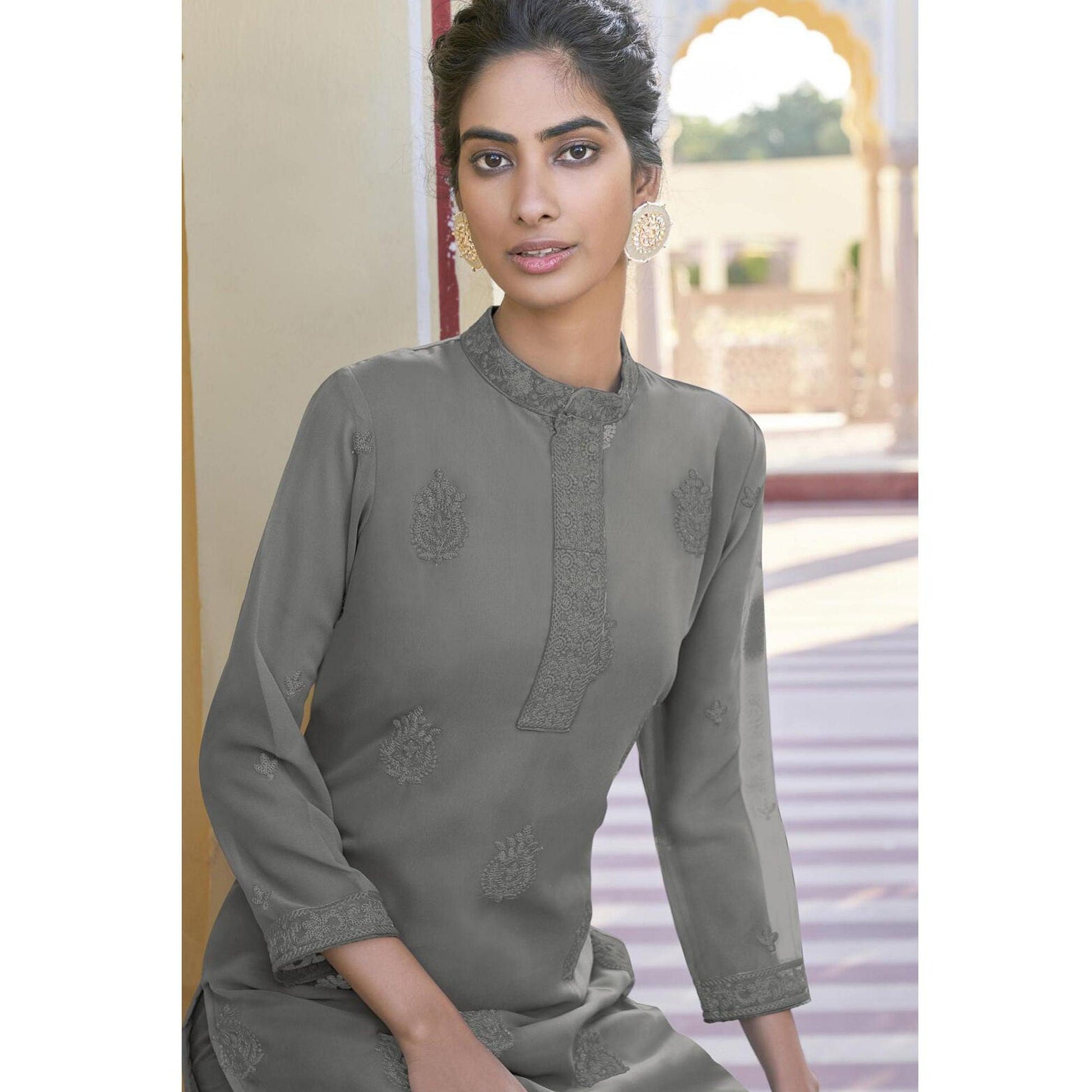 grey-lucknowi-embroidered-georgette-kurti-palazzo-set-143133