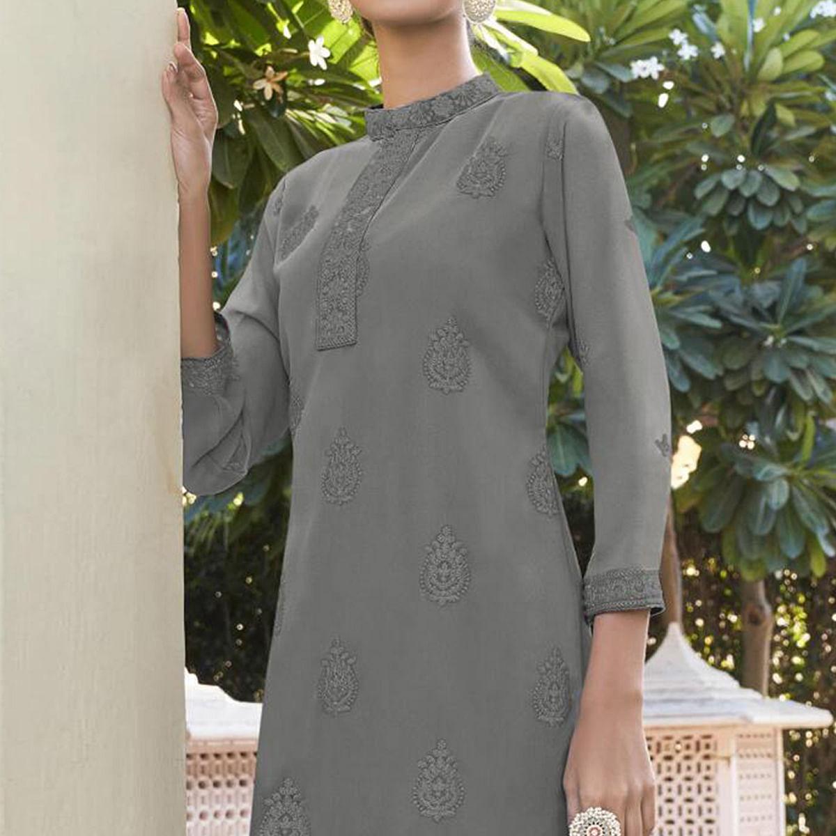 grey-lucknowi-embroidered-georgette-kurti-palazzo-set-143133