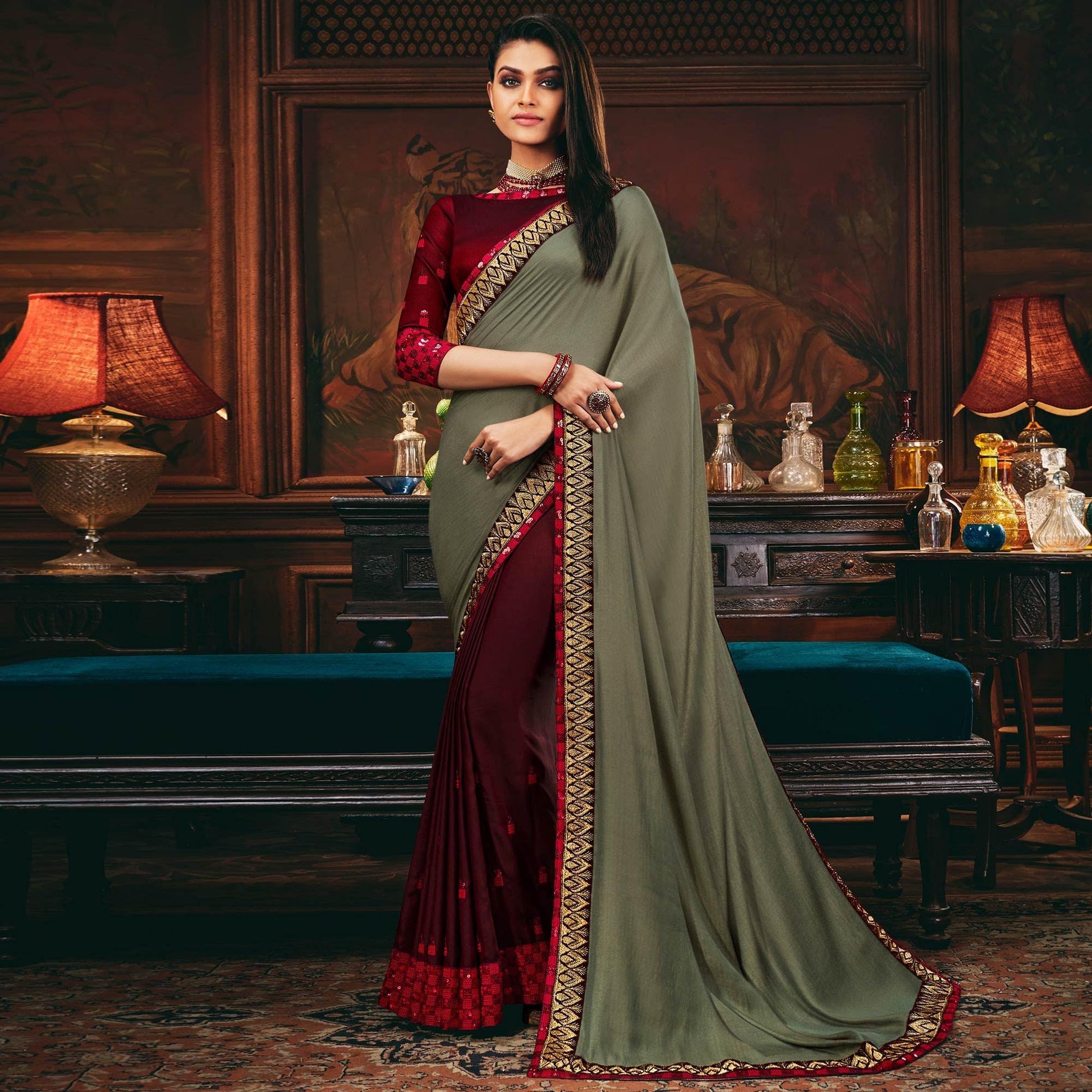 grey-maroon-festive-wear-woven-silk-half-half-saree-120865