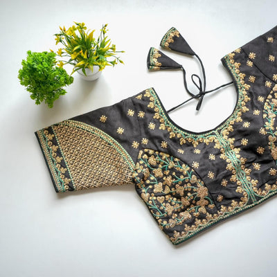 Grey Mulmul Silk Blouse with Golden Embroidery and Sequins