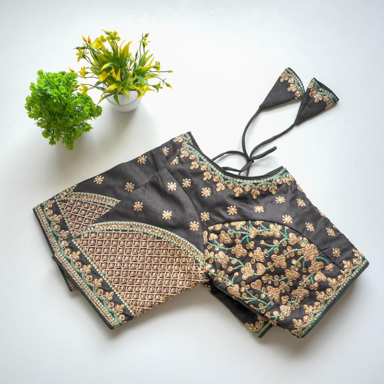 Grey Mulmul Silk Blouse with Golden Embroidery and Sequins