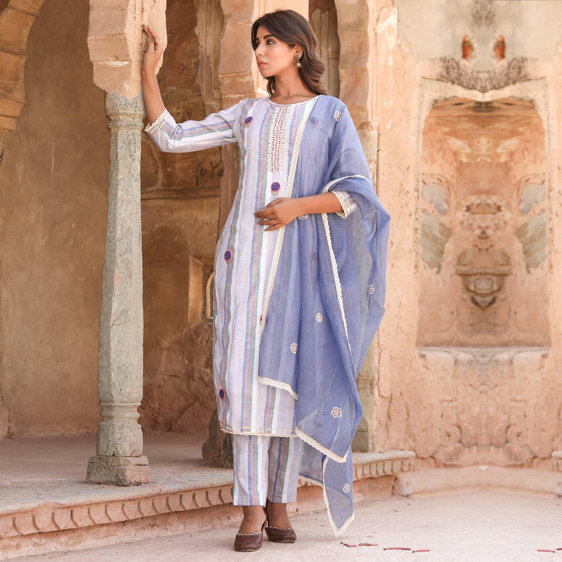 grey-multicolor-casual-wear-stripe-printed-cotton-kurti-palazzo-set-with-dupatta