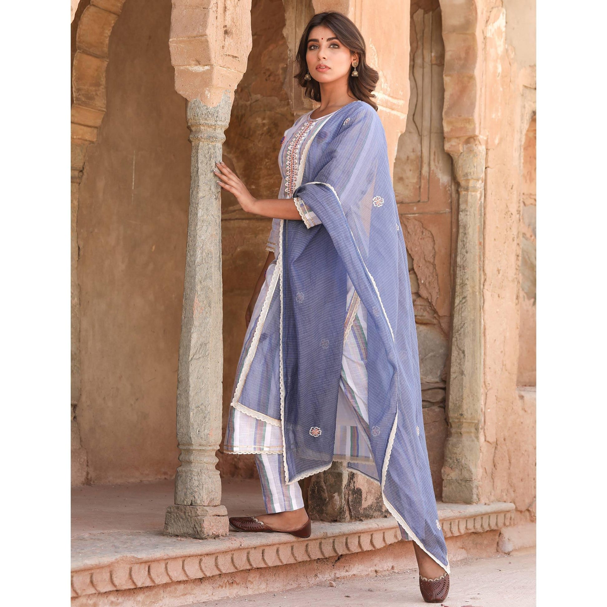 grey-multicolor-casual-wear-stripe-printed-cotton-kurti-palazzo-set-with-dupatta