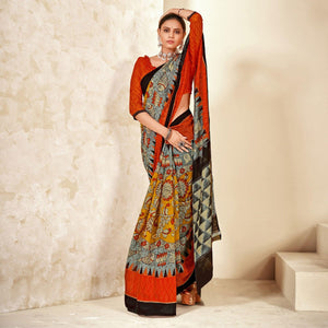 Grey-Mustard Floral Printed Cotton Blend Saree