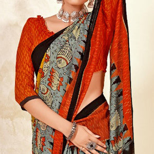 Grey-Mustard Floral Printed Cotton Blend Saree