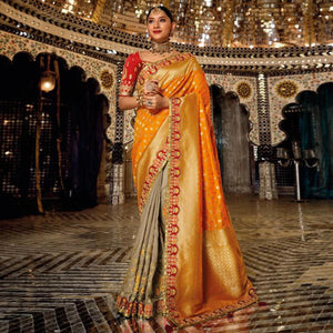 Grey-Orange Festive Wear Woven Banarasi Silk Half & Half Saree