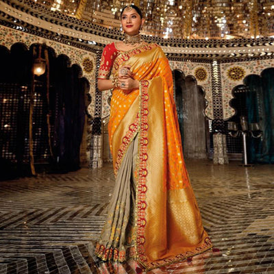 Grey-Orange Festive Wear Woven Banarasi Silk Half & Half Saree