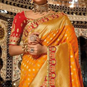 Grey-Orange Festive Wear Woven Banarasi Silk Half & Half Saree