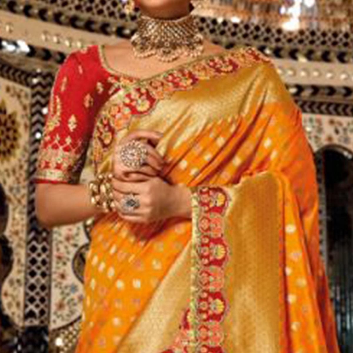 Grey-Orange Festive Wear Woven Banarasi Silk Half & Half Saree