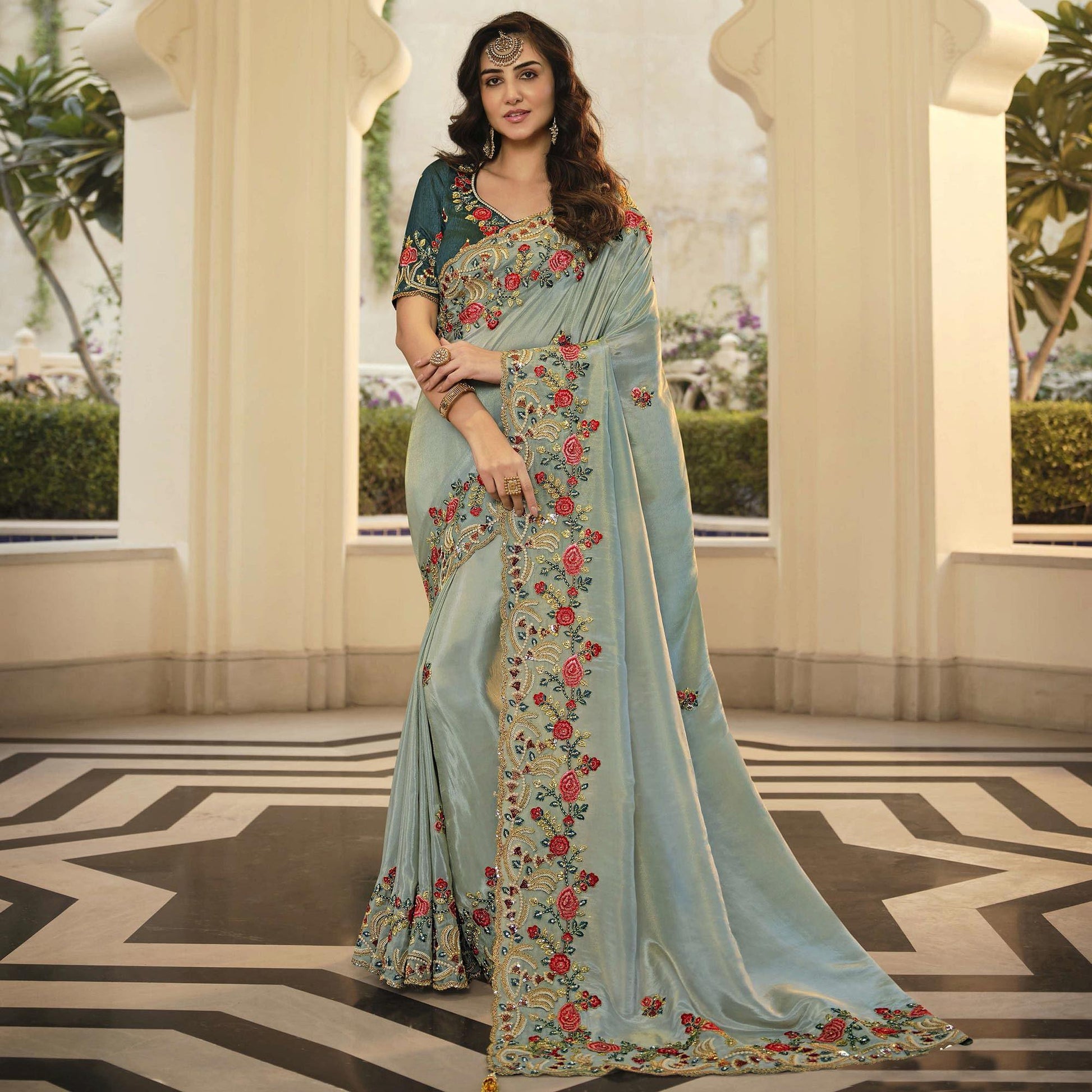grey-party-wear-embroidered-satin-saree-140054