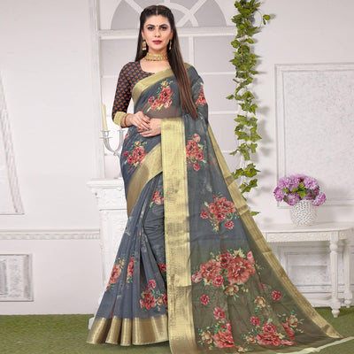 grey-party-wear-floral-digital-printed-with-jacquard-border-soft-georgette-saree-111682