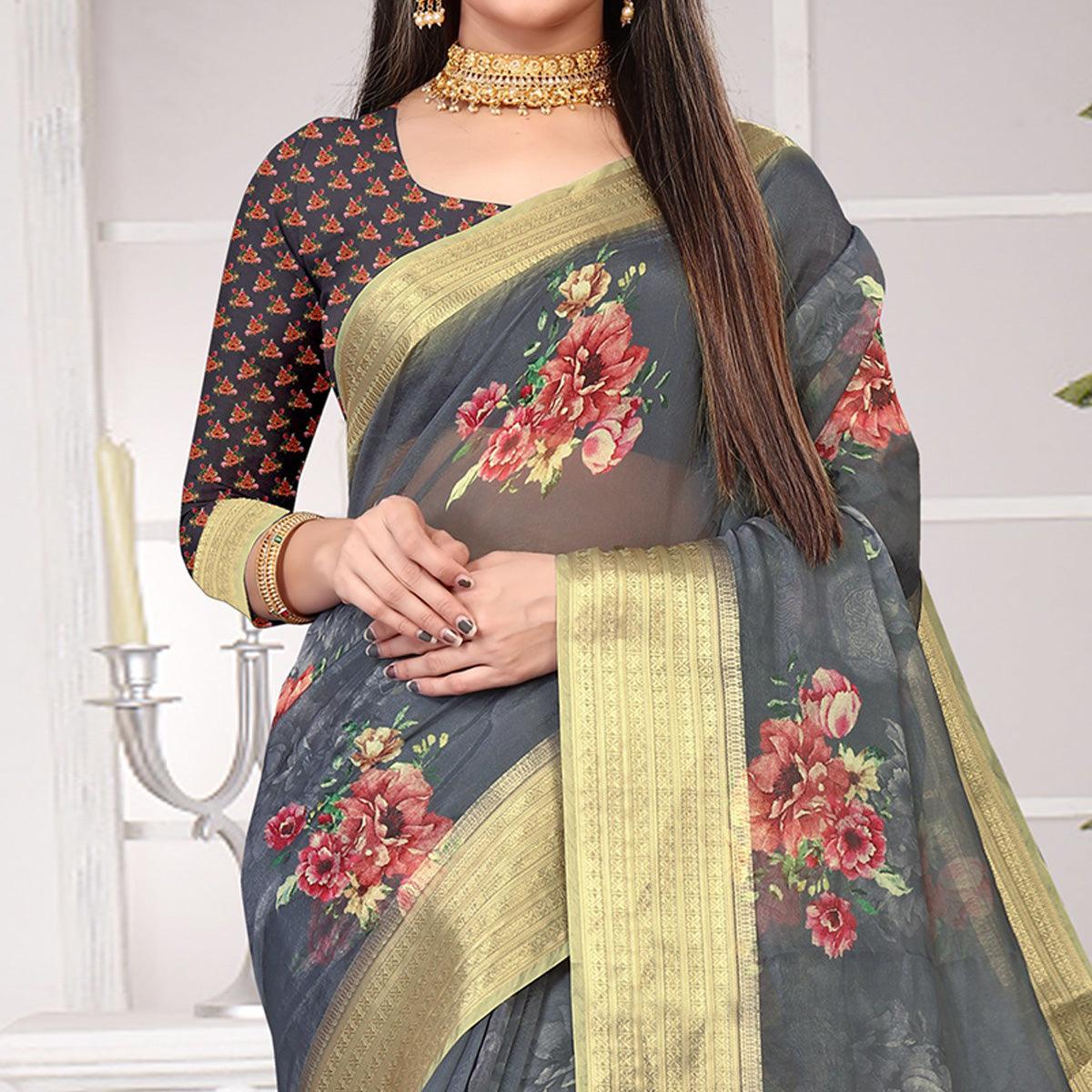 grey-party-wear-floral-digital-printed-with-jacquard-border-soft-georgette-saree-111682