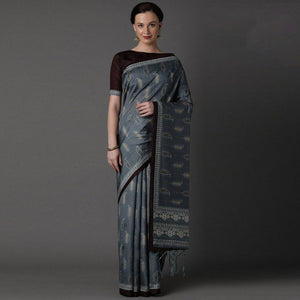 Grey Party Wear Satin Printed Saree With Unstitched Blouse