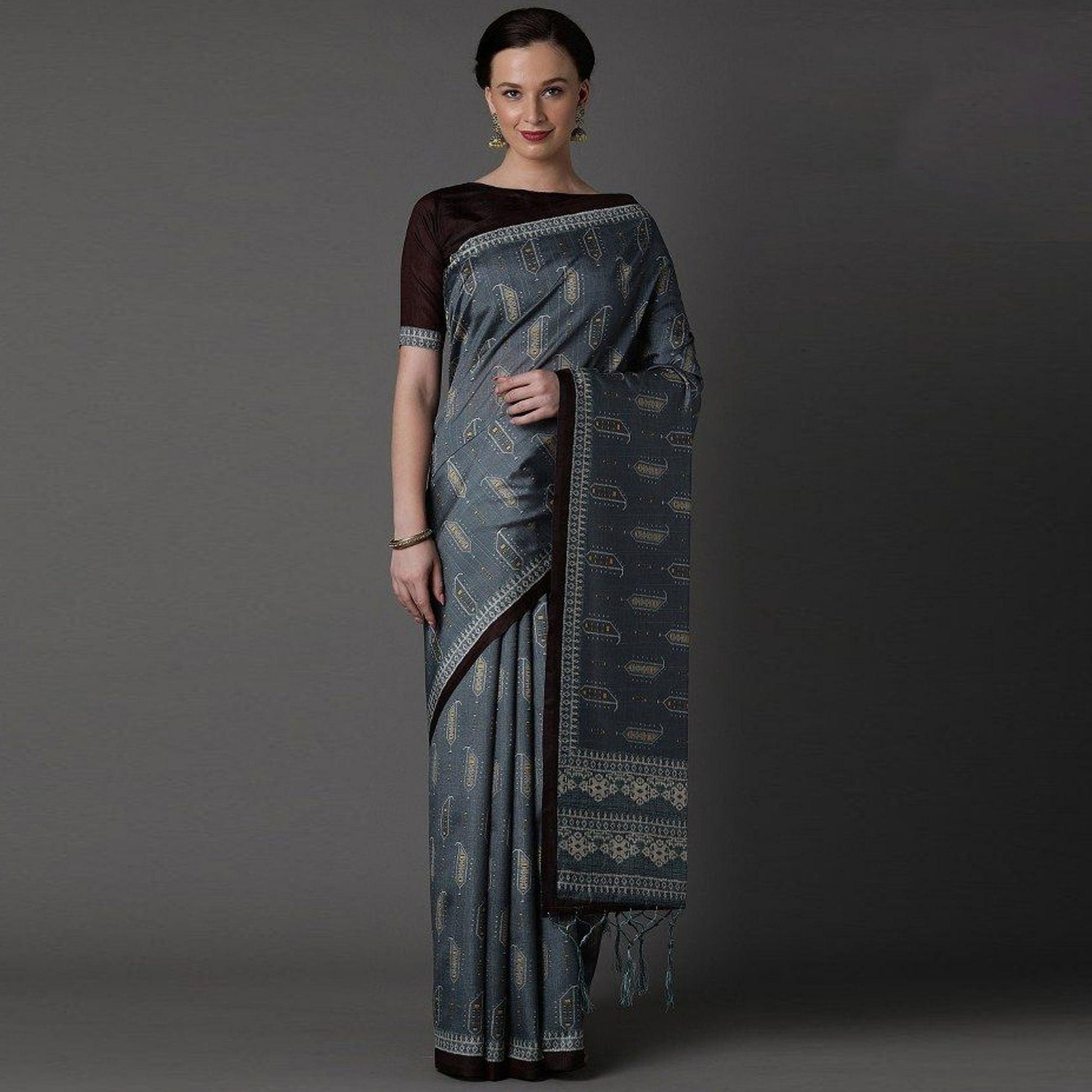 Grey Party Wear Satin Printed Saree With Unstitched Blouse