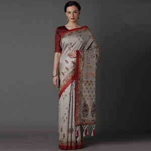 Grey Party Wear Satin Printed Saree With Unstitched Blouse