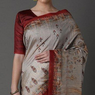 Grey Party Wear Satin Printed Saree With Unstitched Blouse