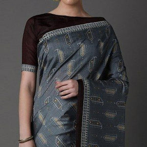 Grey Party Wear Satin Printed Saree With Unstitched Blouse