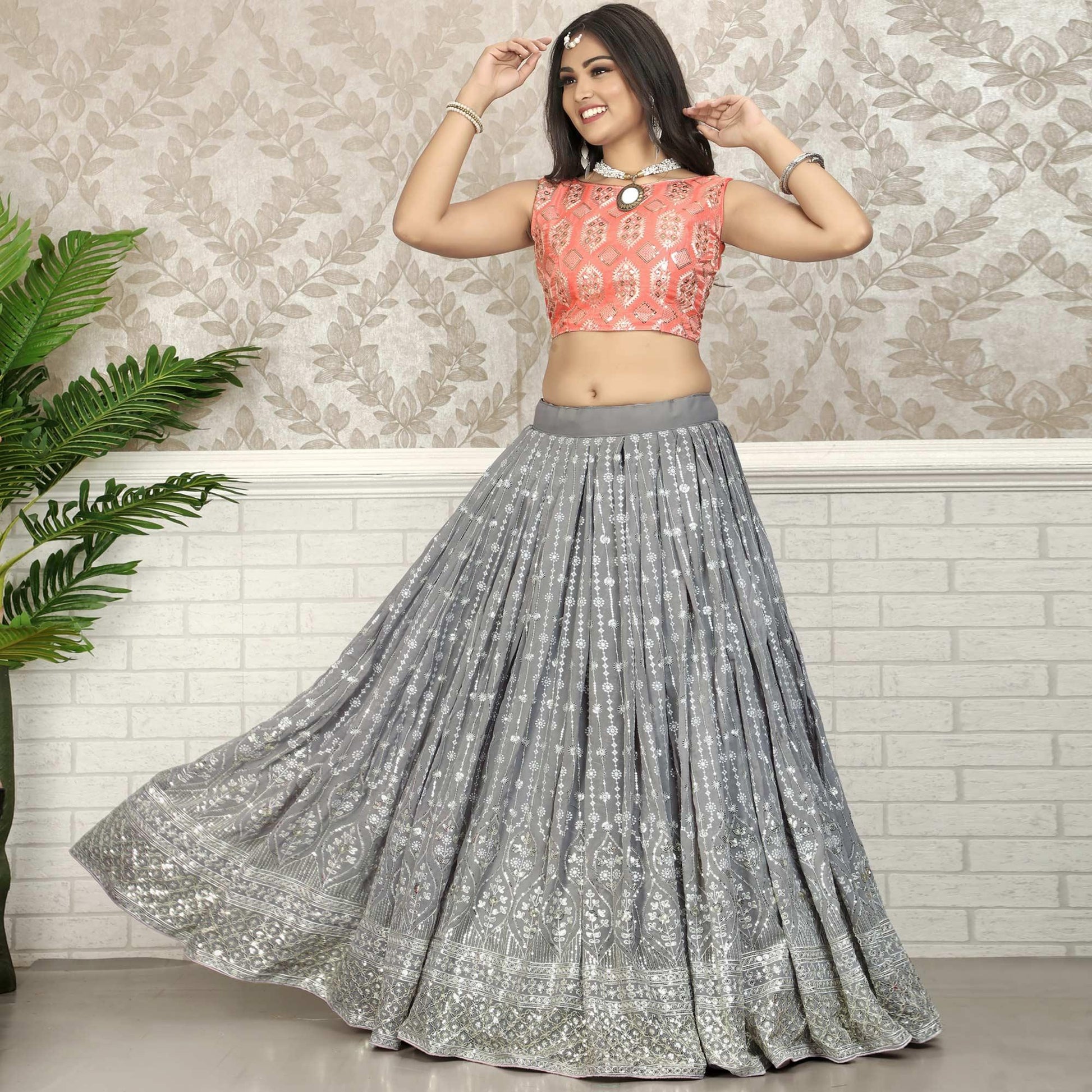 Grey Party Wear Sequins Embroidered Georgette Lehenga Choli