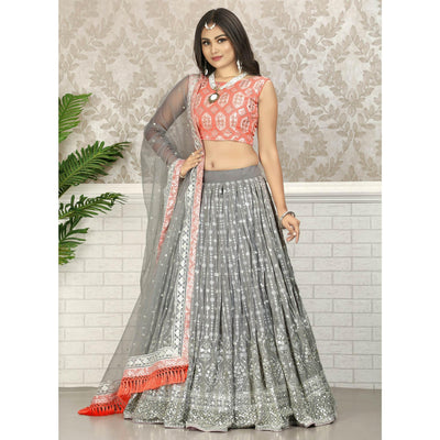 Grey Party Wear Sequins Embroidered Georgette Lehenga Choli