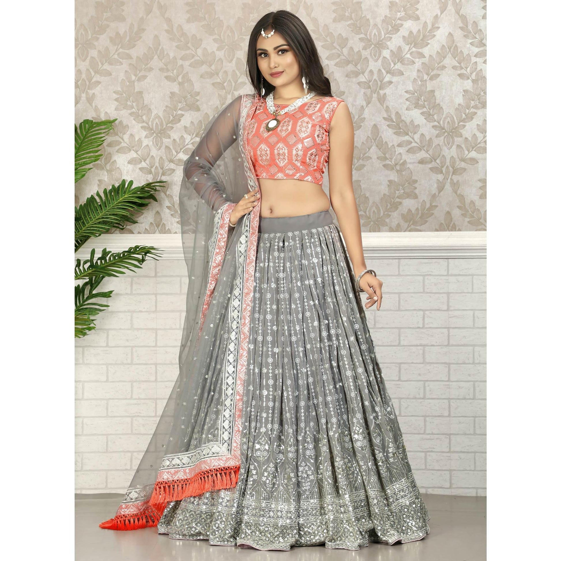 Grey Party Wear Sequins Embroidered Georgette Lehenga Choli