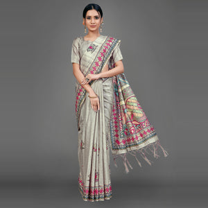 Grey Party Wear Silk Blend Floral Print Saree With Unstitched Blouse