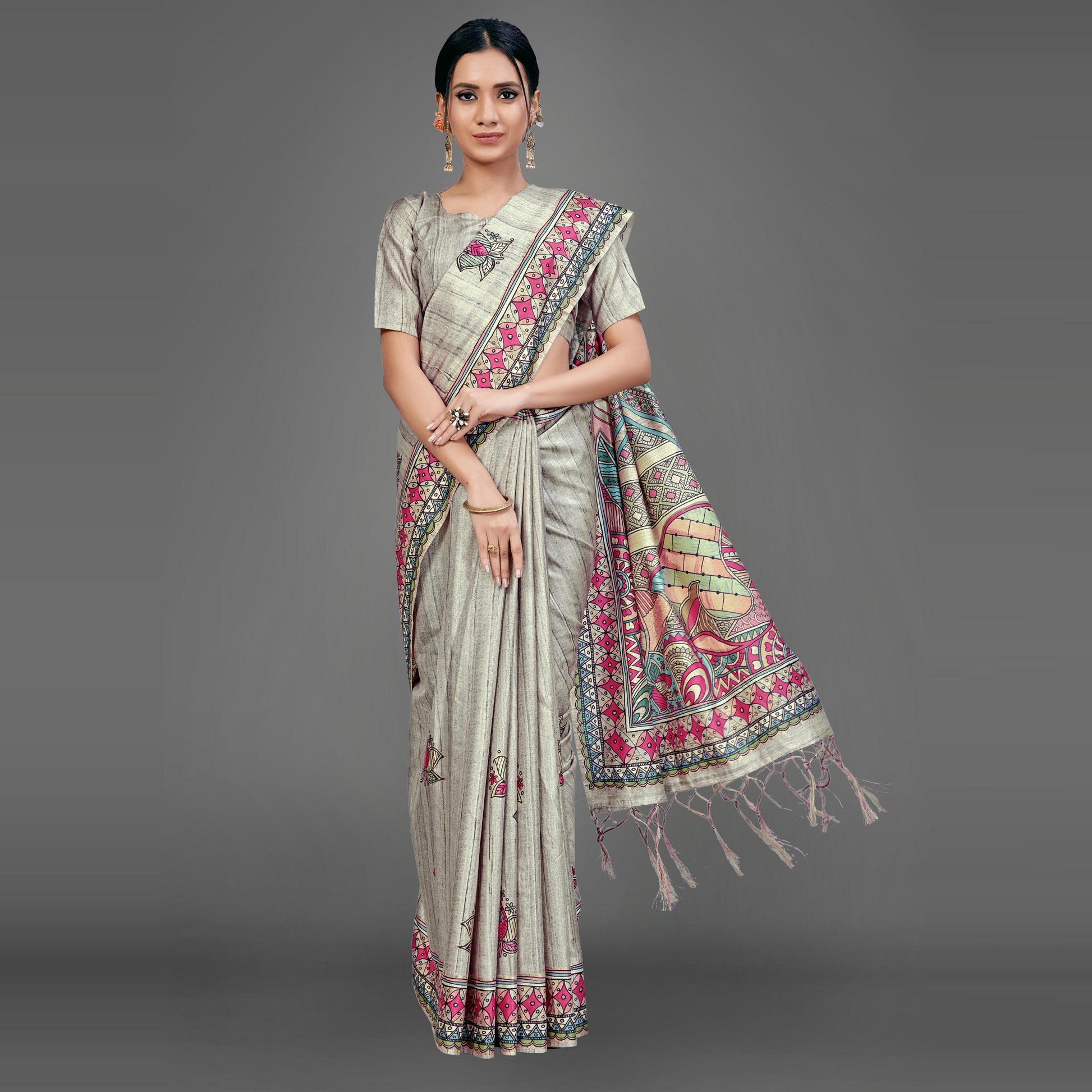 Grey Party Wear Silk Blend Floral Print Saree With Unstitched Blouse