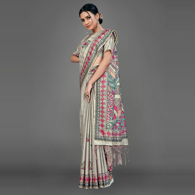 Grey Party Wear Silk Blend Floral Print Saree With Unstitched Blouse