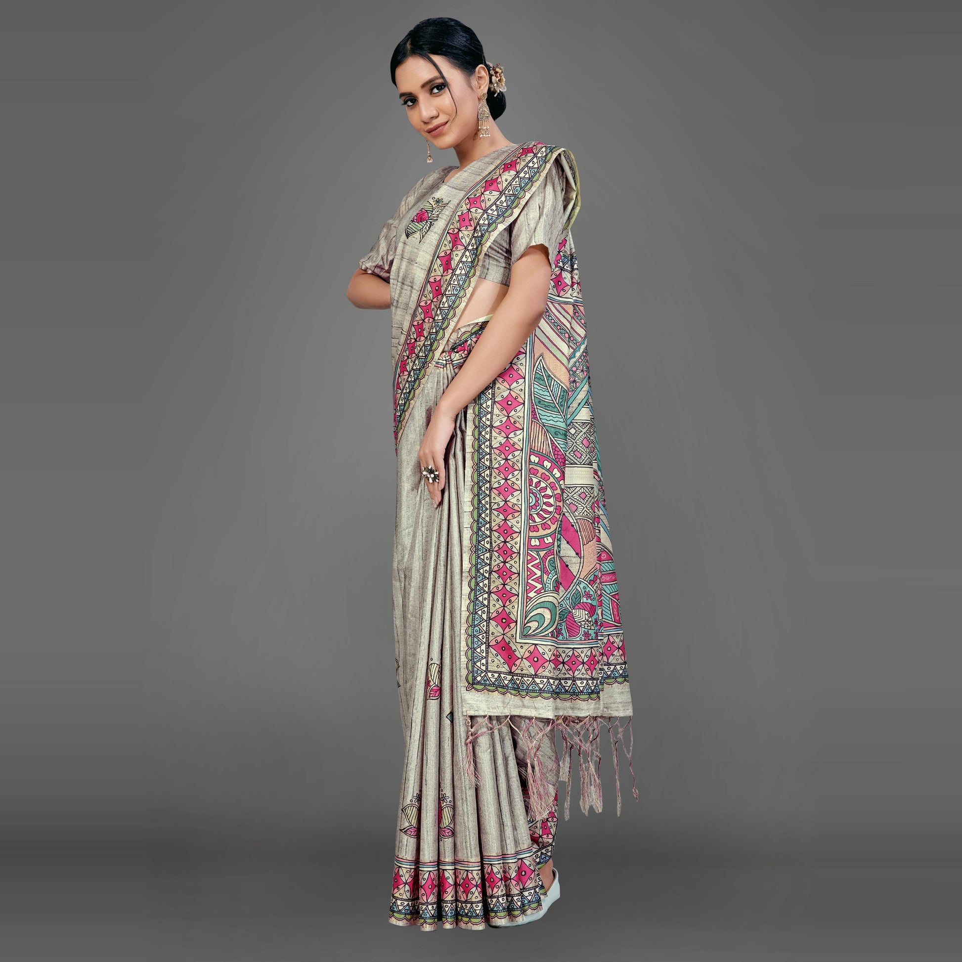 Grey Party Wear Silk Blend Floral Print Saree With Unstitched Blouse