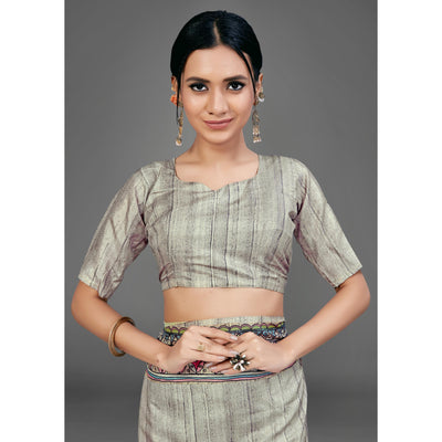 Grey Party Wear Silk Blend Floral Print Saree With Unstitched Blouse