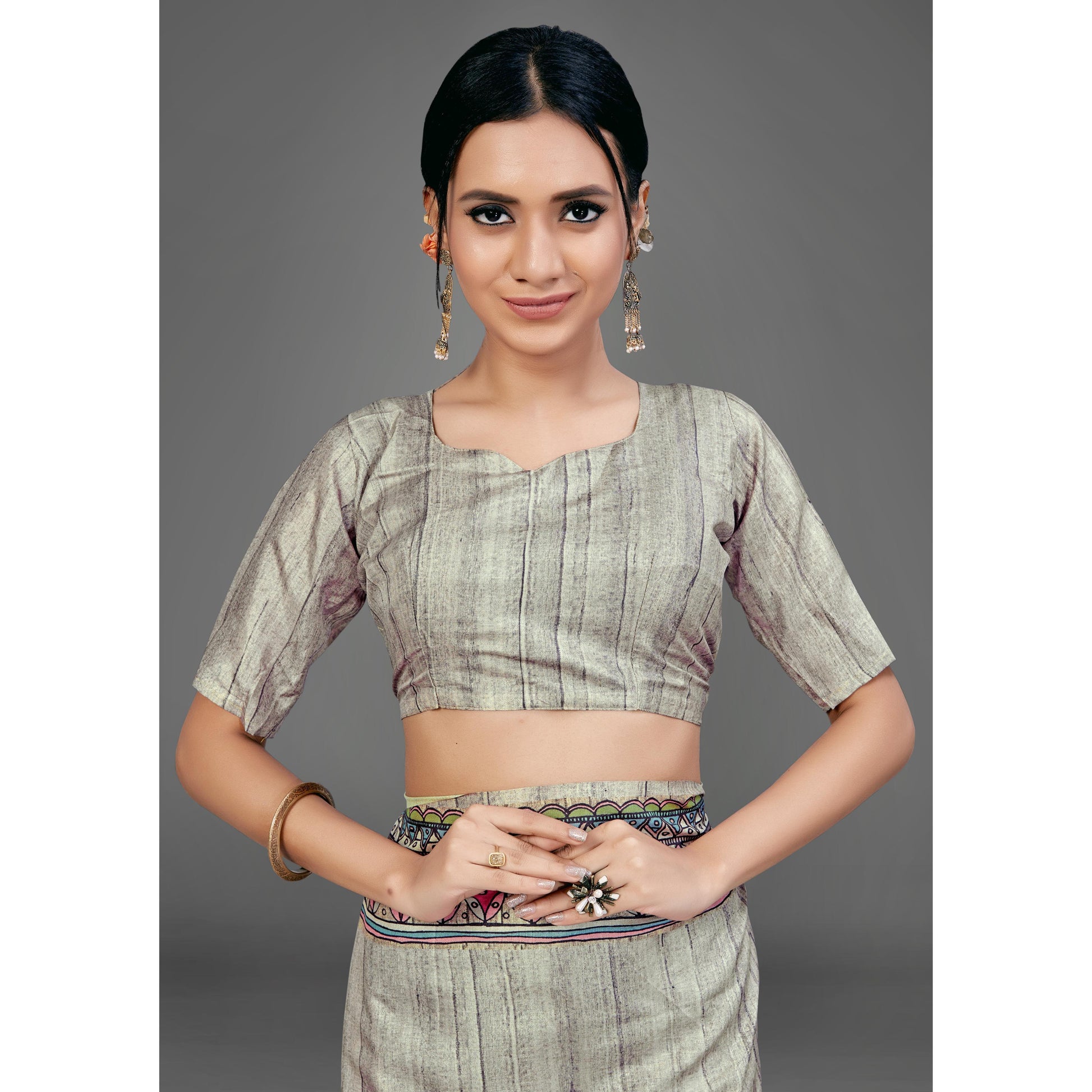 Grey Party Wear Silk Blend Floral Print Saree With Unstitched Blouse