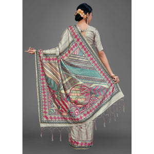 Grey Party Wear Silk Blend Floral Print Saree With Unstitched Blouse