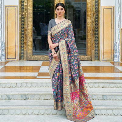 Grey Party Wear Woven Chanderi Saree