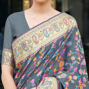 Grey Party Wear Woven Chanderi Saree