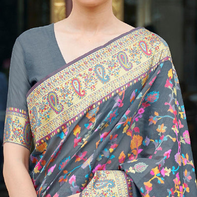Grey Party Wear Woven Chanderi Saree